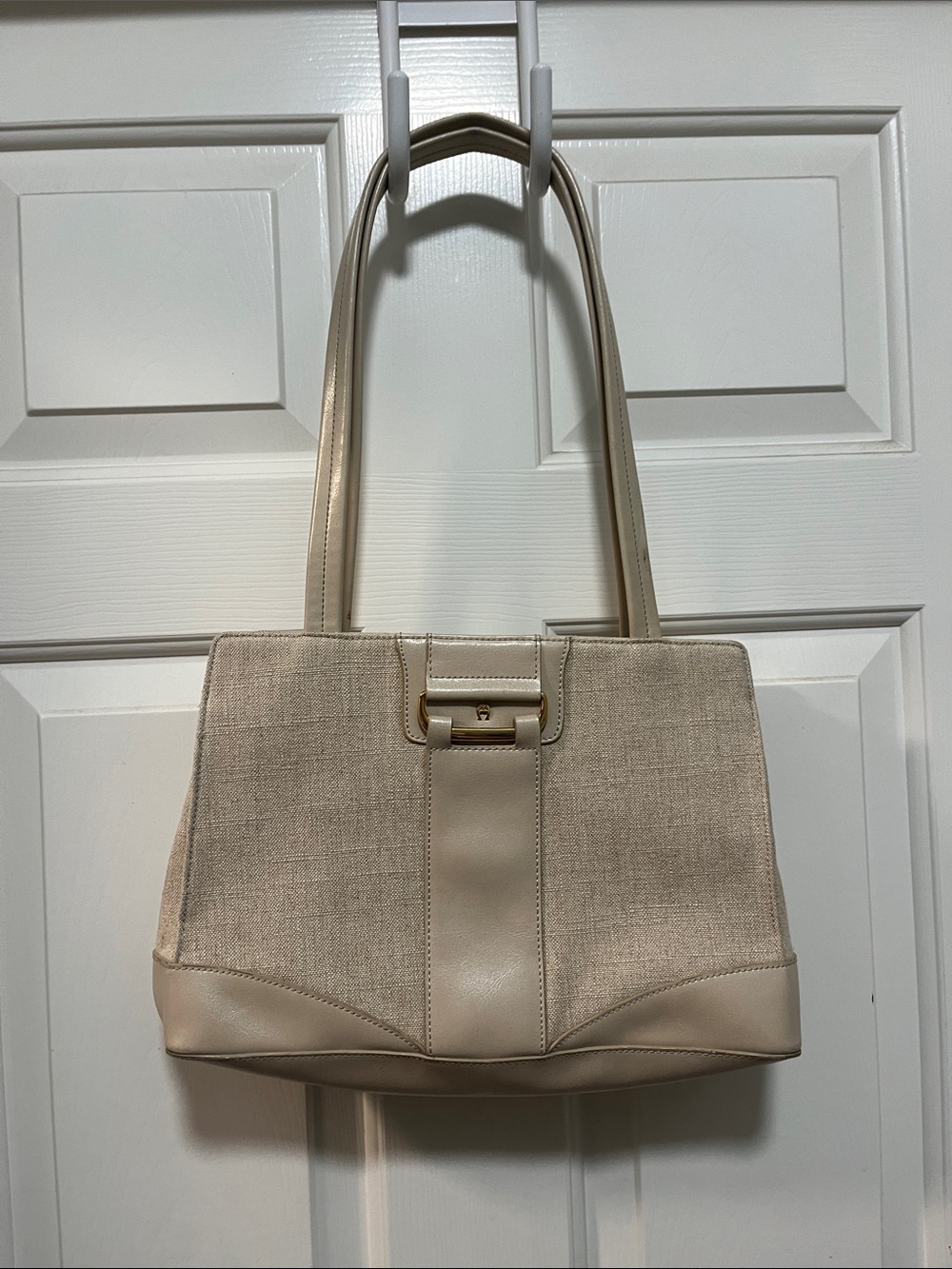 Etienne Aigner Cream and Beige Canvas Shoulder Tote